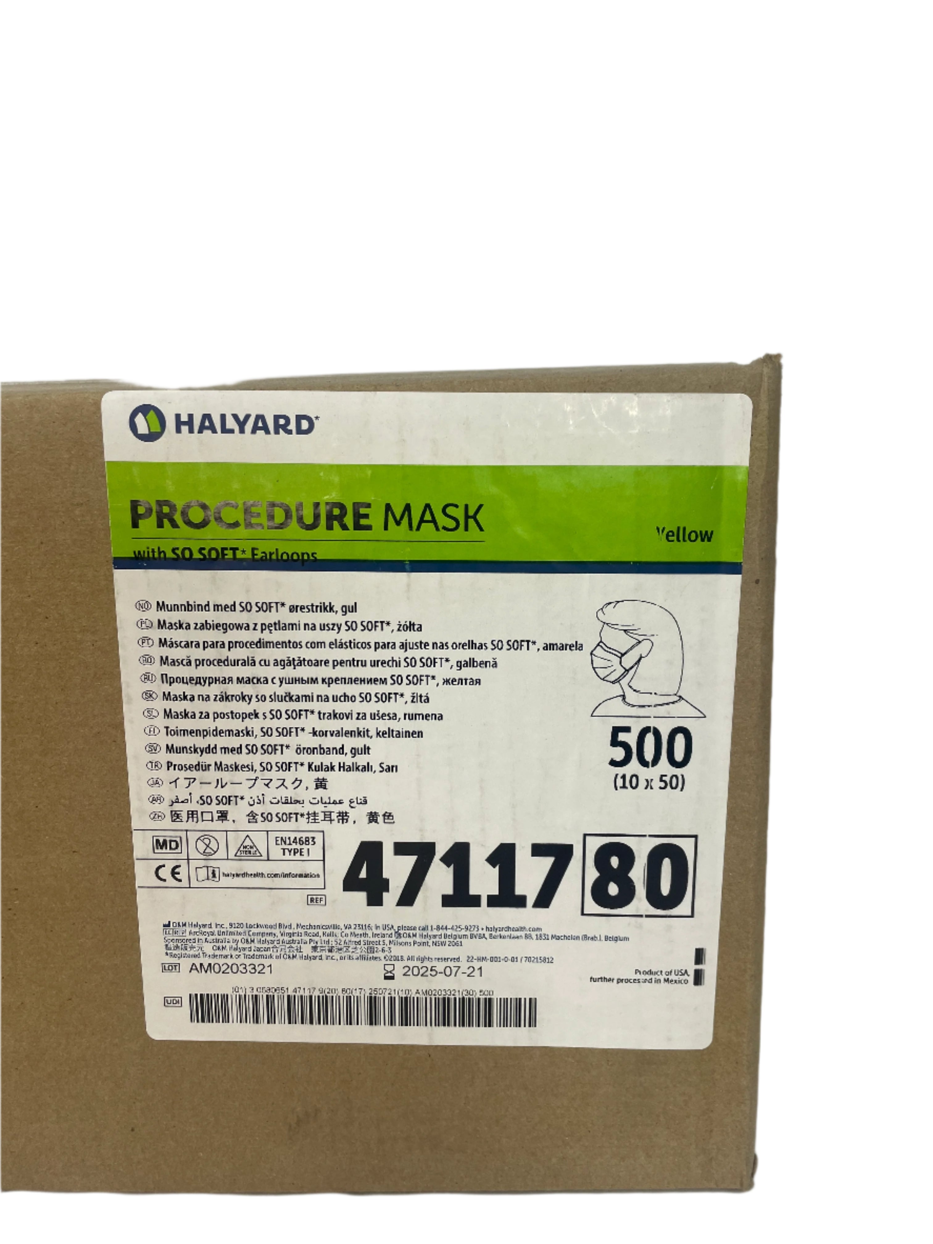 Halyard 47117 80 | Procedure Mask 500/Case Yellow Pleated with Soft Earloops