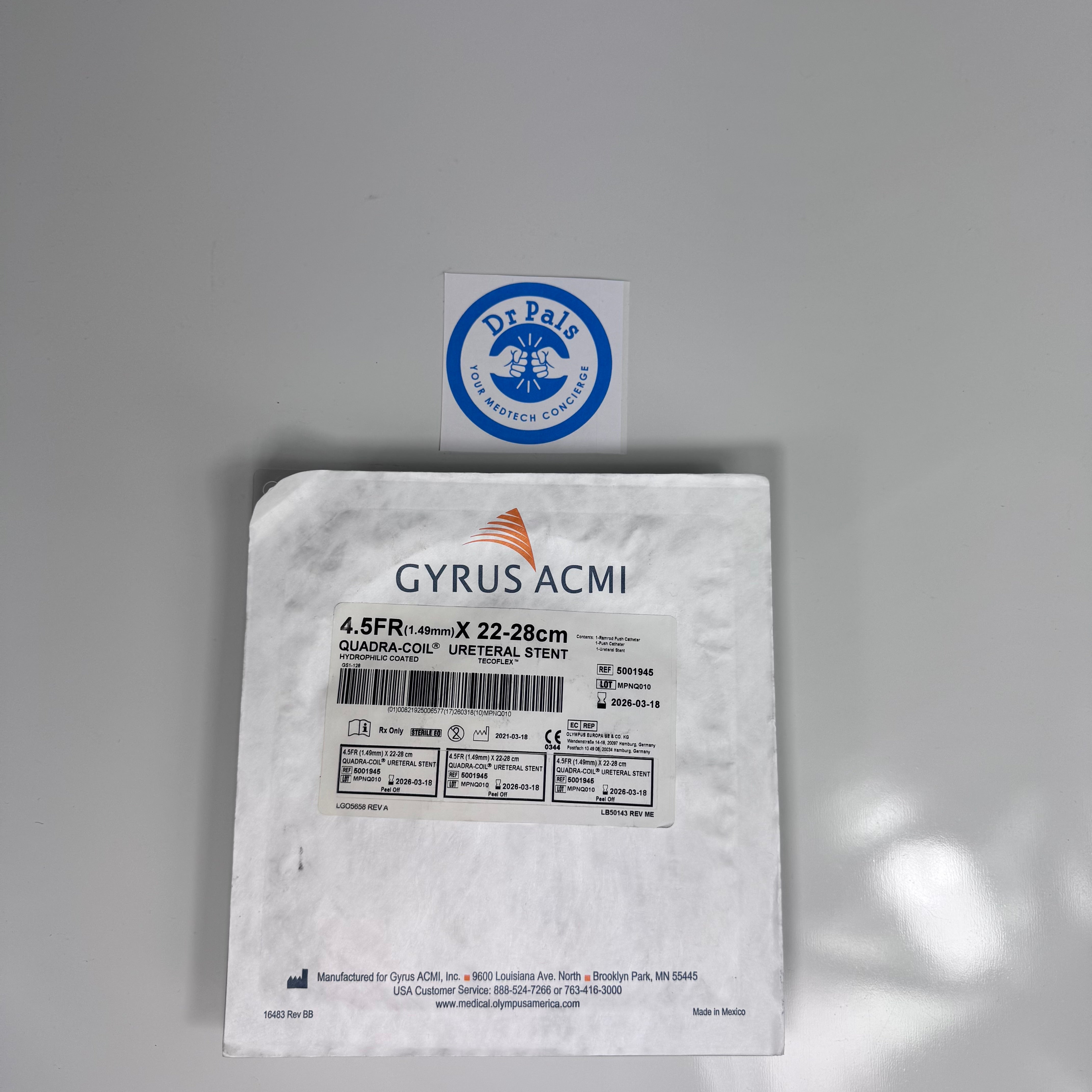 Olympus Gyrus ACMI 5001945 | Quadra-Coil Double Pigtail Ureteral Stent, Hydrophilic Coated, 4.5 Fr x 22–28 cm OUT OF DATE
