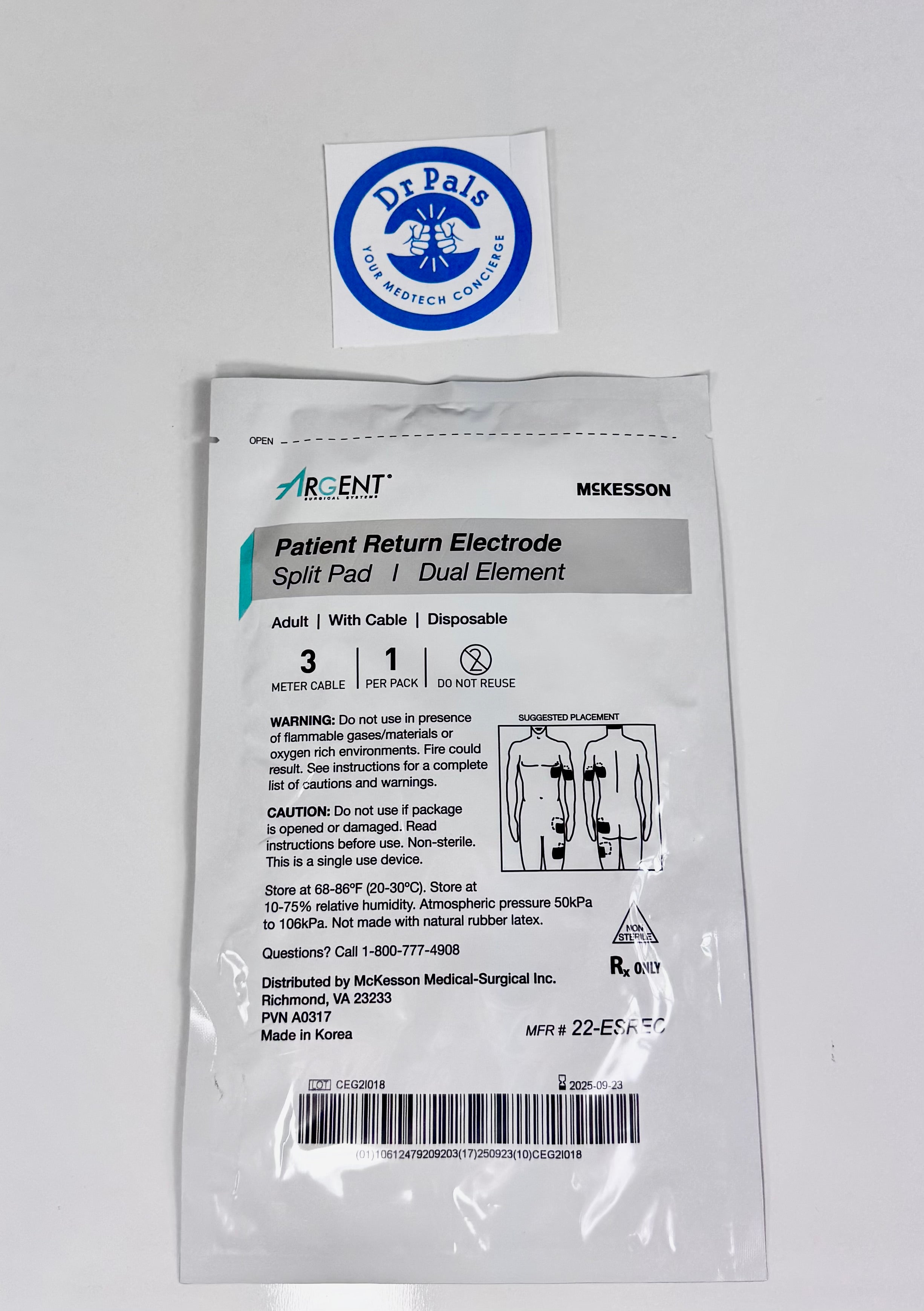 McKesson Argent Patient Return Electrode 22-ESREC | Split Pad Dual Element 31/ Box OUT OF DATE