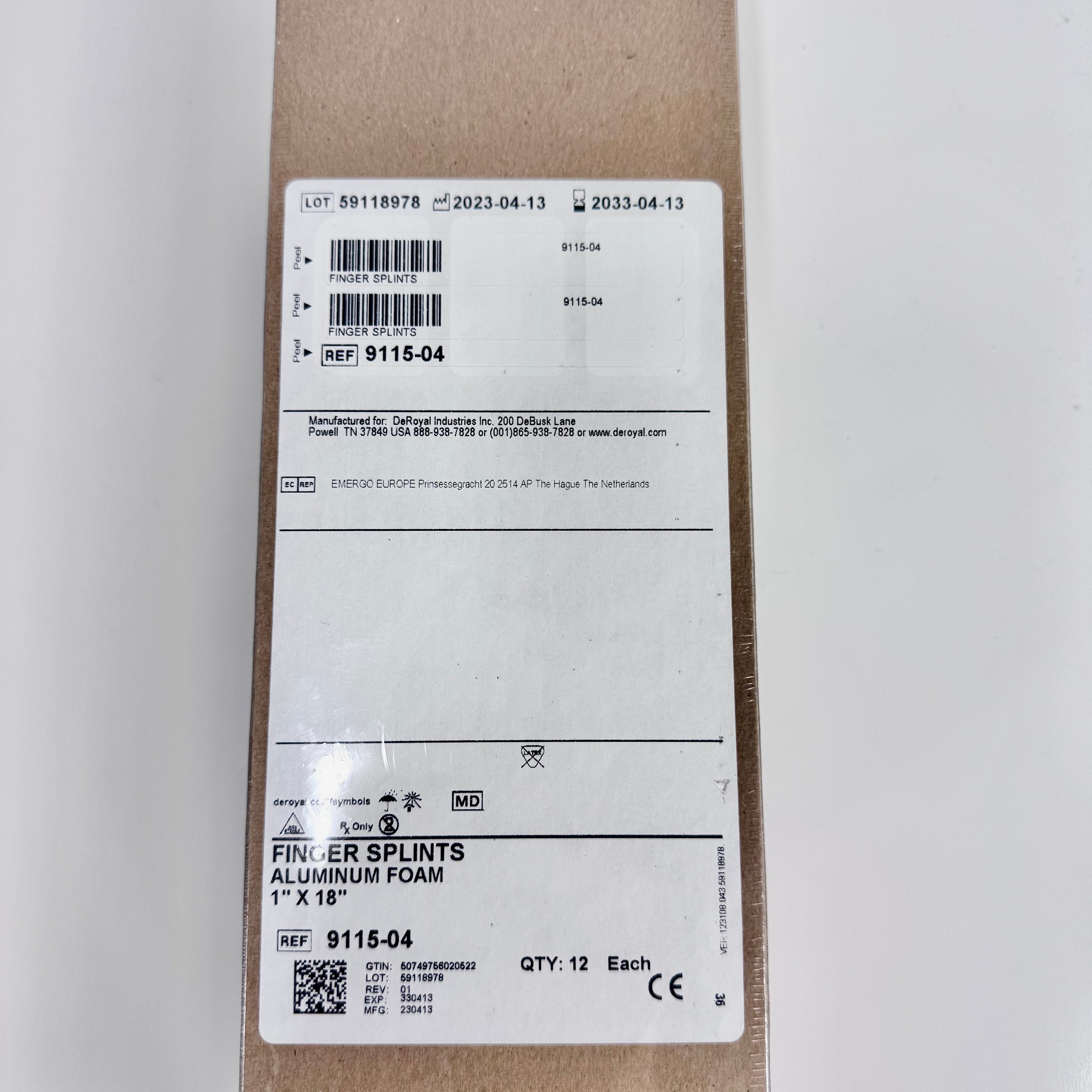 DeRoyal 9115-04 Aluminum Foam Finger Splint 12/Box
