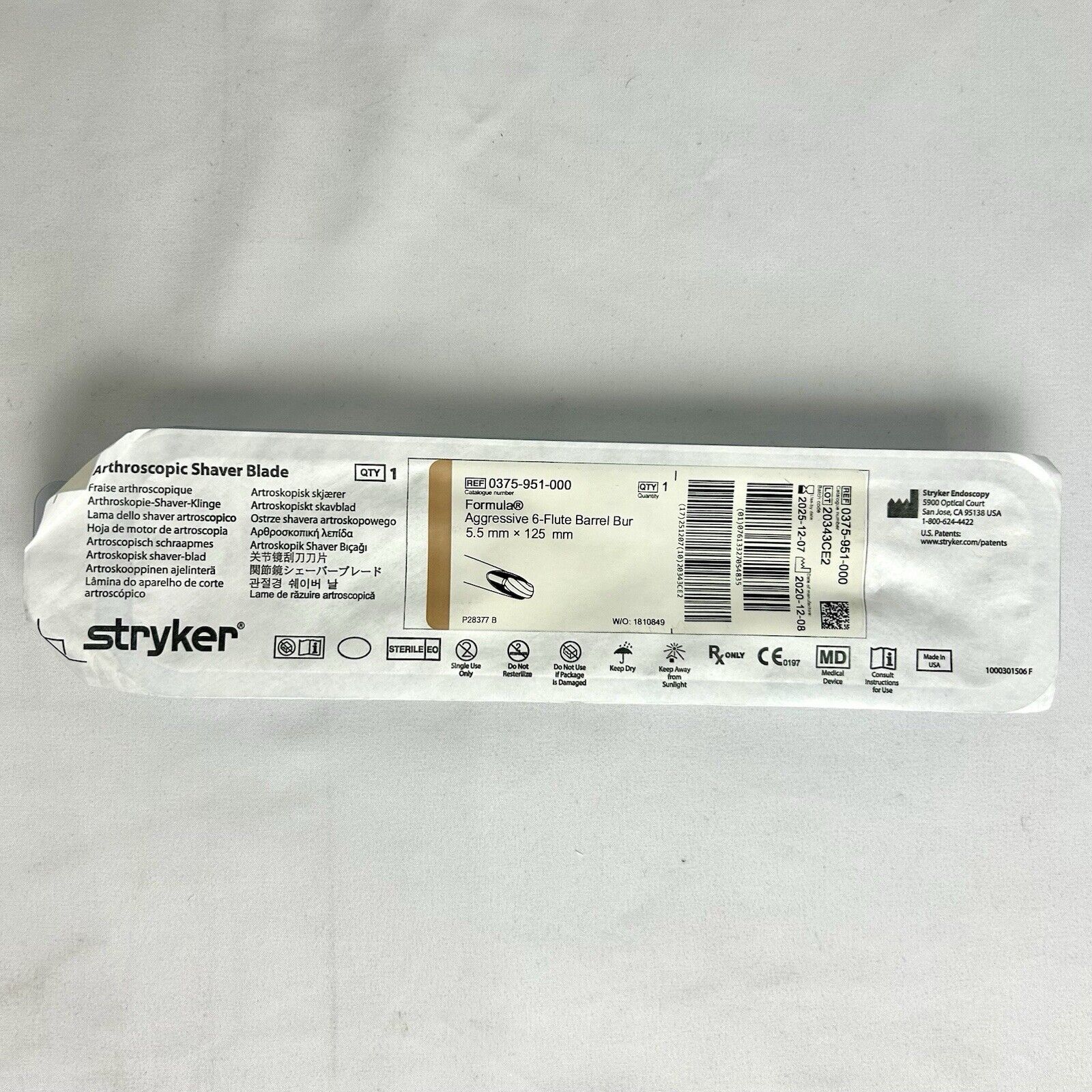 Stryker 0375-951-000 | Formula Arthroscopic Shaver Blade 5.5 mm x 125 mm Sterile OUT OF DATE