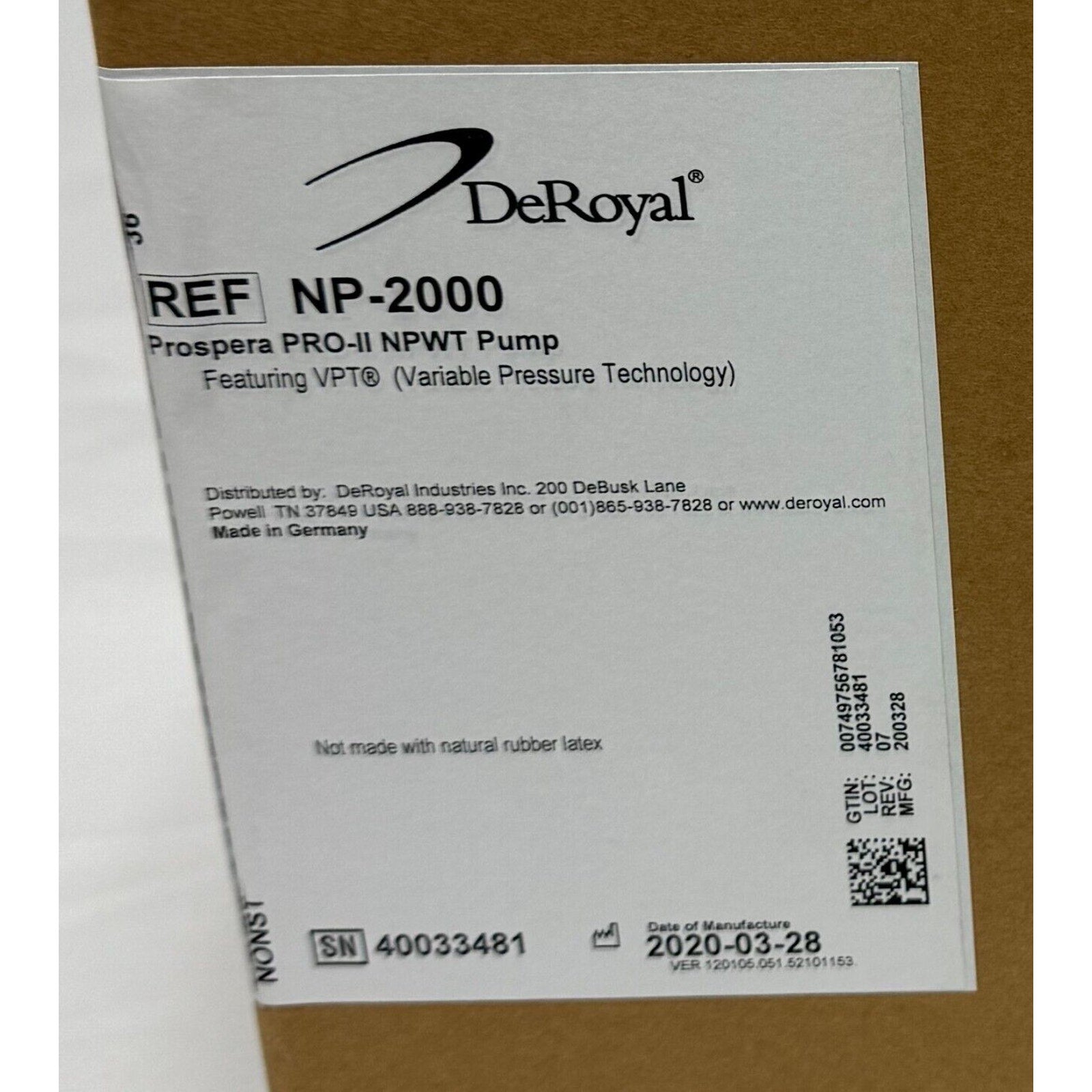 DeRoyal Prospera 2 NP-2000 | New Negative Pressure Wound Therapy - Aspiration Pump