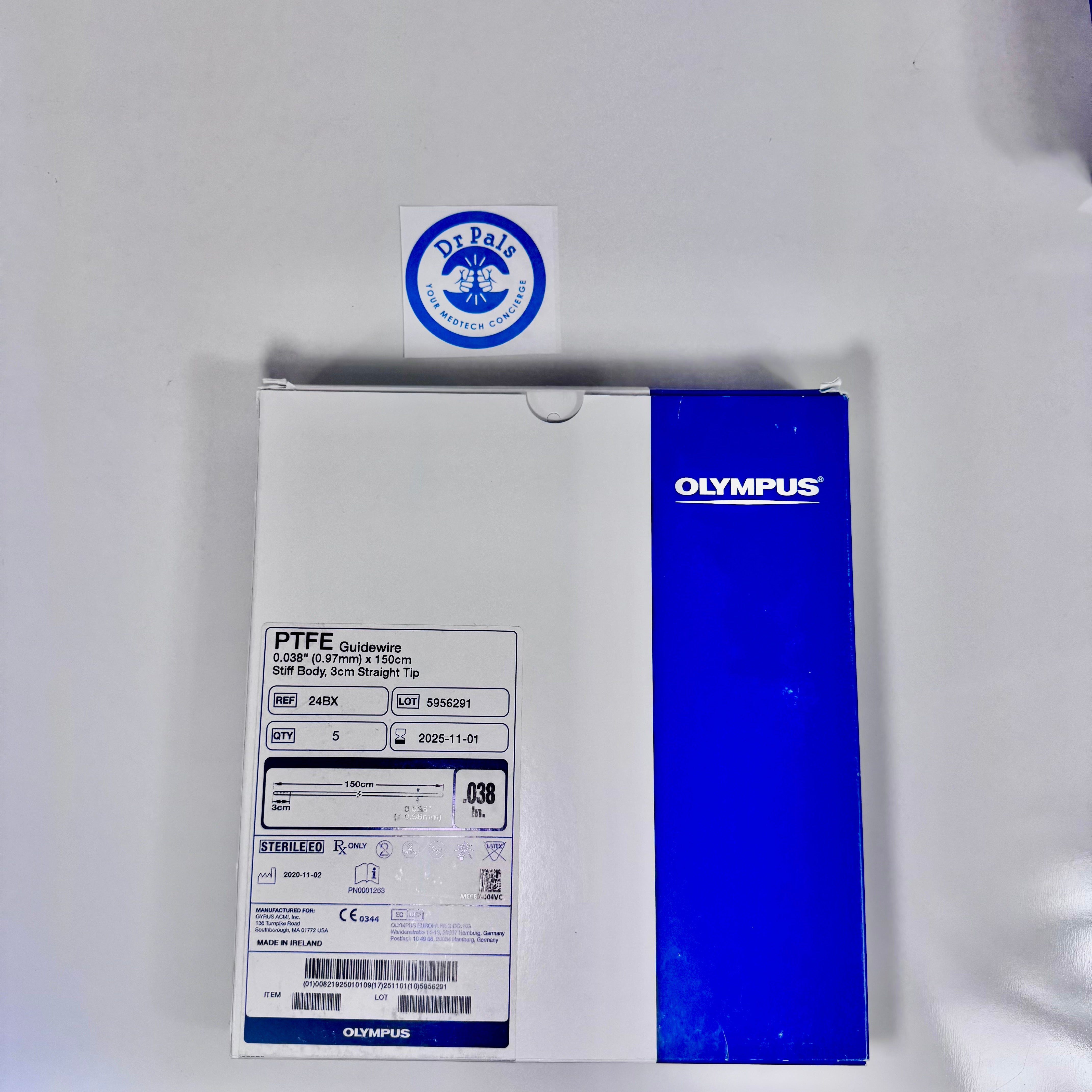 Olympus 24BX | PTFE Guidewire, 0.038" x 150 cm, 3 cm Straight Tip, 5/Box