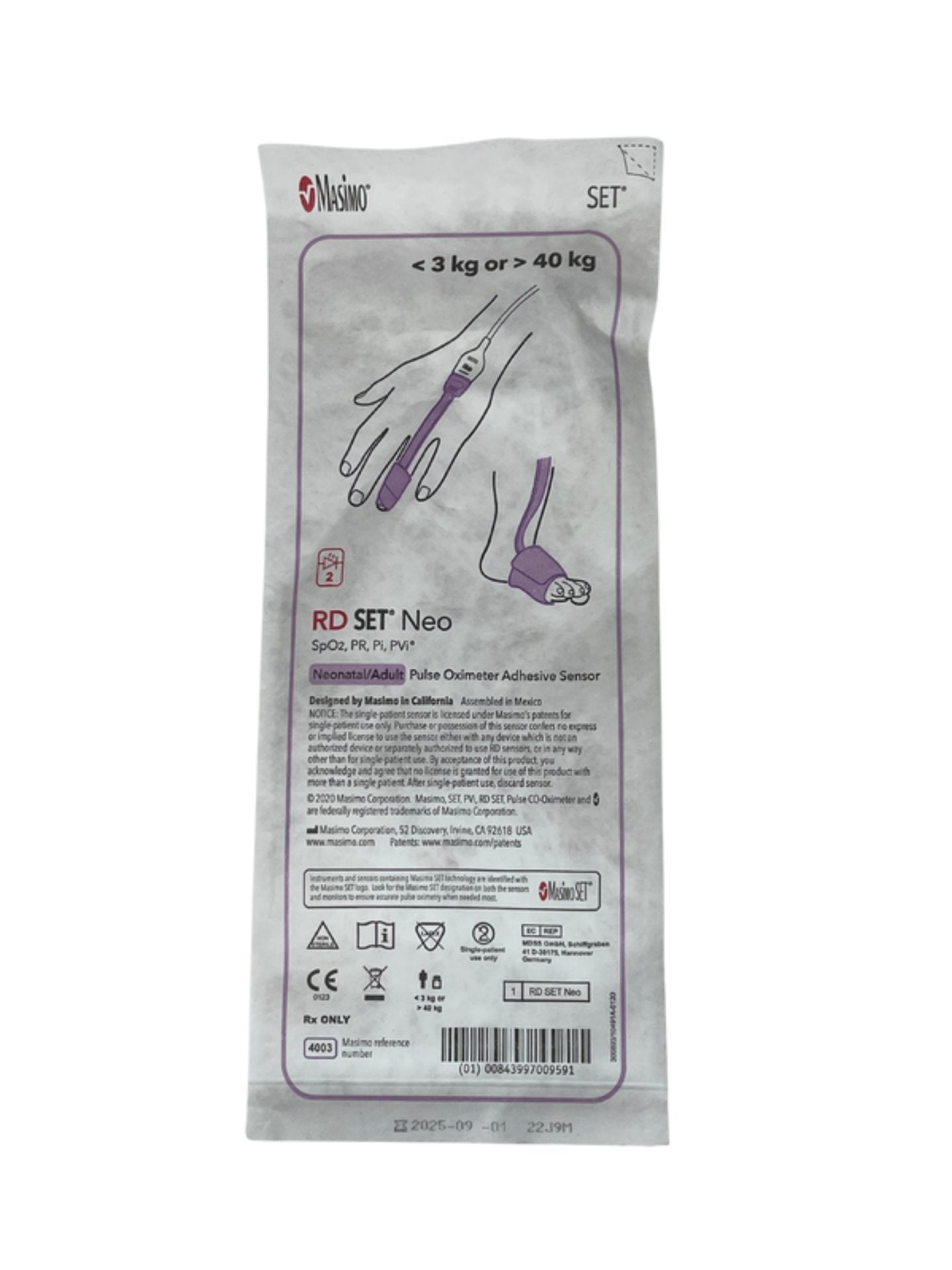 Masimo RD SET 4003 | Neonatal - Adult SpO2 Sensor Each Single-Use, Adhesive, 1.5 ft