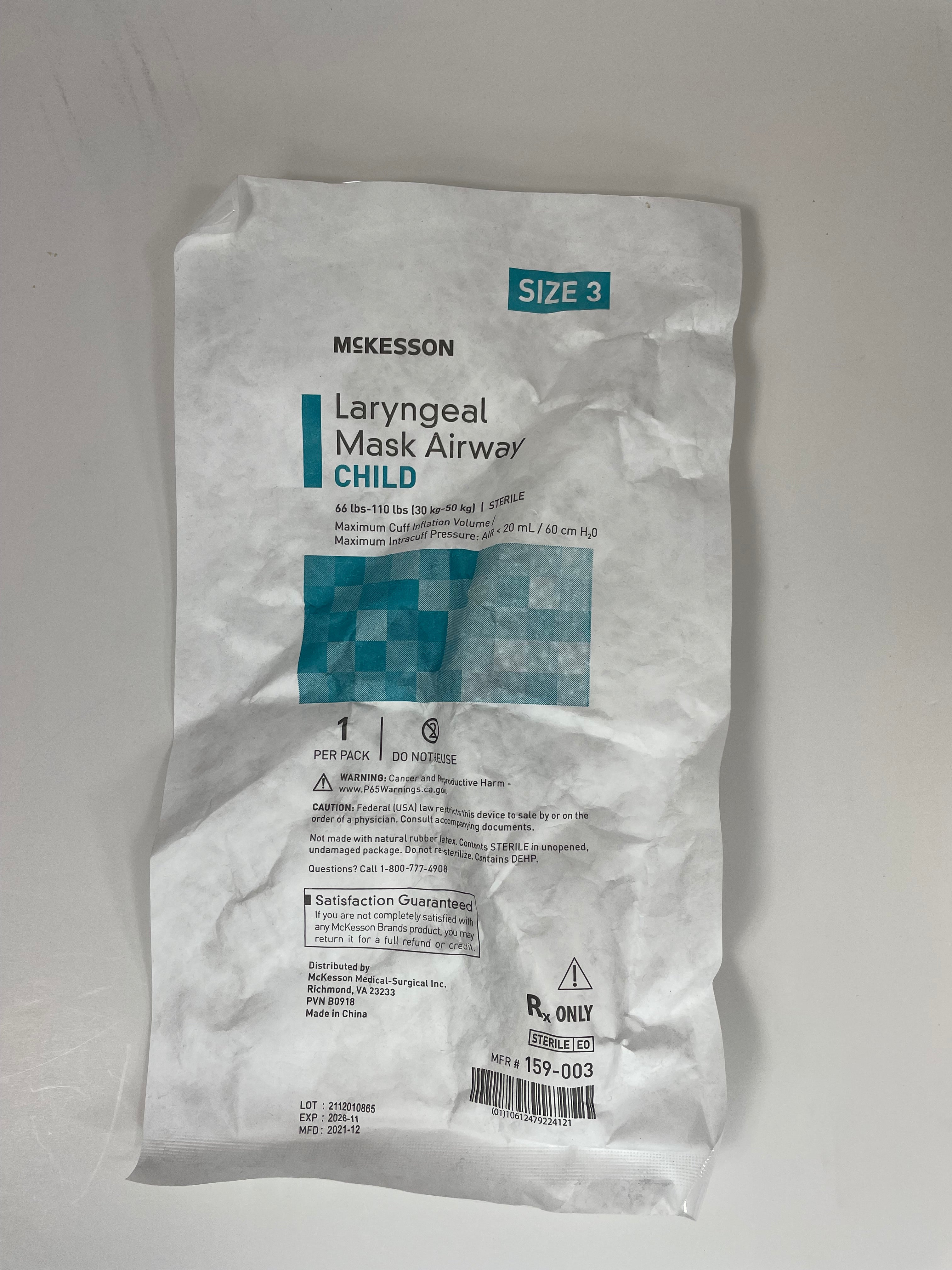 McKesson 159-003 Size 3 Child Laryngeal Mask Airway | Single Use Each